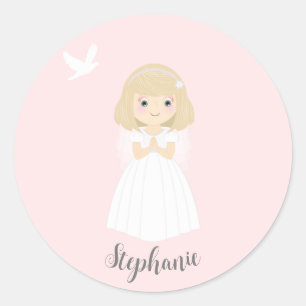 Communion Dove Blonde Girl Runt Klistermärke
