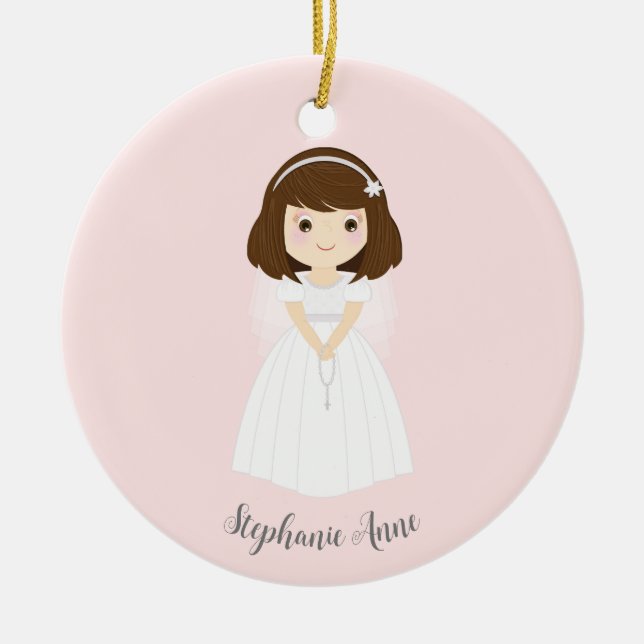 Communion Dove Brunette Girl Julgransprydnad Keramik (Framsidan)