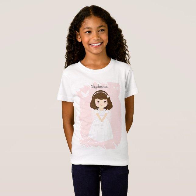 Communion Dove Brunette Girl T Shirt (Hel framsida)