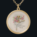 Communion Host Rosa Flowers Chalice Guldpläterat Halsband<br><div class="desc">Detta är en vacker,  traditionell katolsk bild av Helig-värden (Communion) ovanför kyrkan med rosa blommor. Text och typsnitt kan ändras</div>