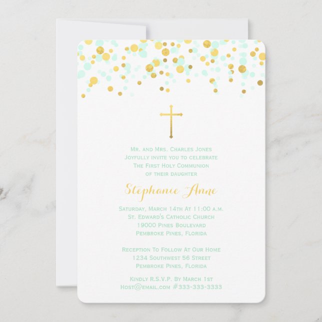 Communion Mint och Guld Confetti Inbjudningar (Framsida)