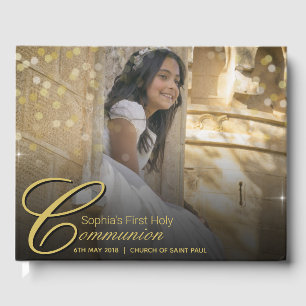 Communion Photo Elegant Guld Typography Glitter Gästböcker
