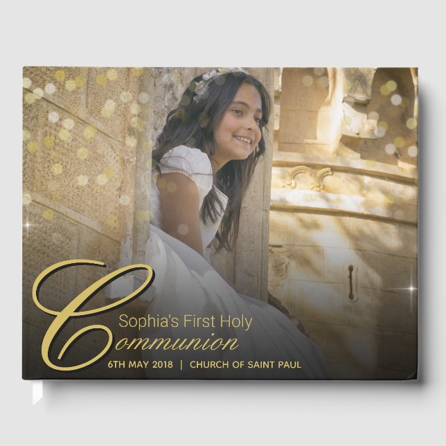 Communion Photo Elegant Guld Typography Glitter Gästböcker (Framsida)