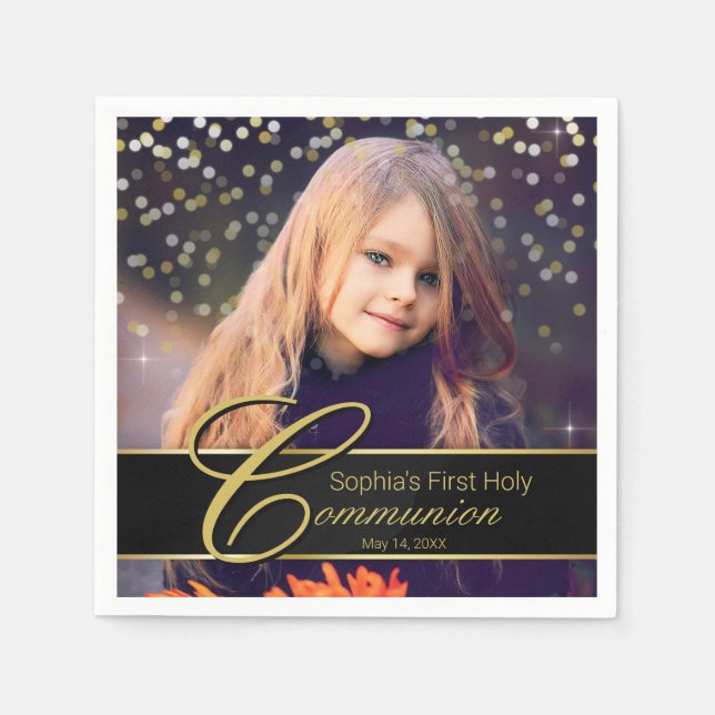 Communion Photo Elegant Guld Typography Glitter Pappersservett (Framsidan)