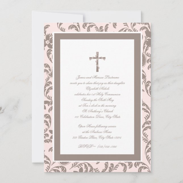 Communion Soft Rosa och Brown Paisley Inbjudningar (Framsida)