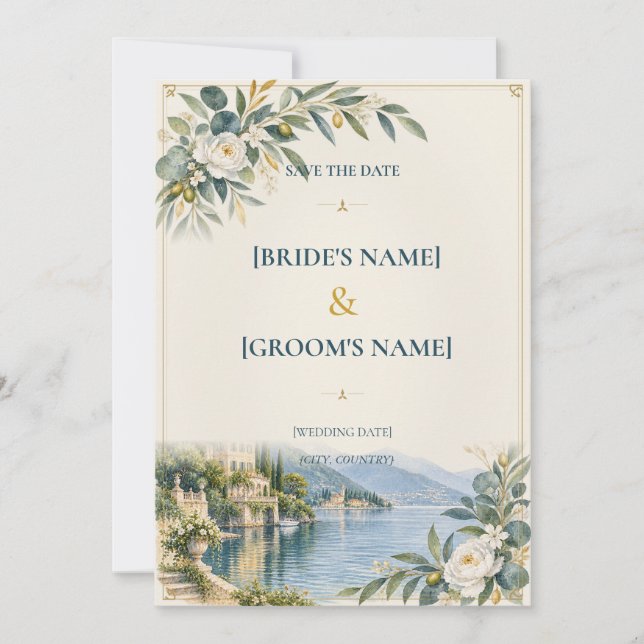 Comosjön | Elegant blå och guld Spara Datumet (Framsida)