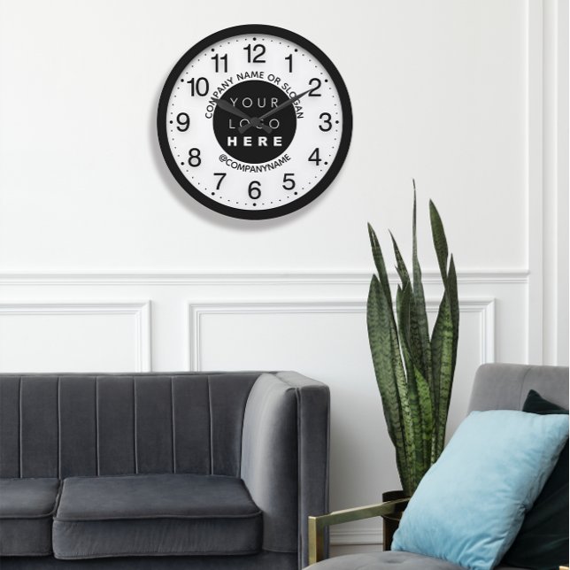 Company Logotyp Black White Silver Namn Slogan Stor Klocka (Company Logo Black White Silver Name Slogan Large Clock)