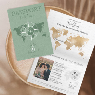 Compas Sage för målbröllop med passet World Map Inbjudan