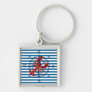 Compass and Lobster Blue and White Rand Fyrkantig Silverfärgad Nyckelring