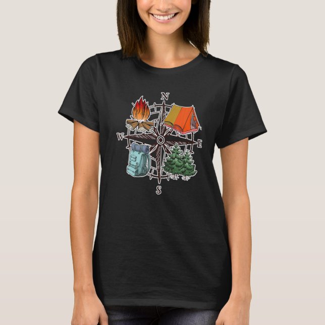 Compass Äventyr Campfire Wanderlust Traveler Cam T Shirt (Framsida)