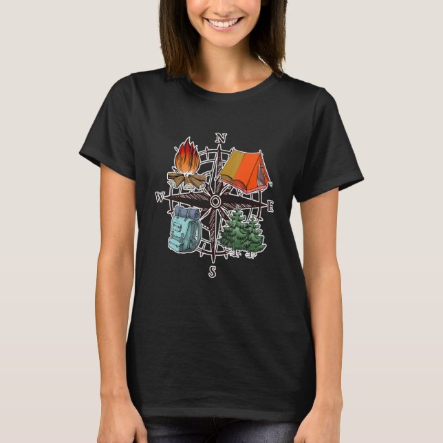 Compass Äventyr Campfire Wanderlust Traveler Cam T Shirt (Framsida)