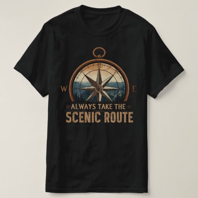 Compass Camping Tee – Always Take The Scenic Route (Design framsida)