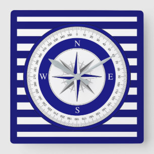 Compass Ro Nautical Blue and White Rand Fyrkantig Klocka