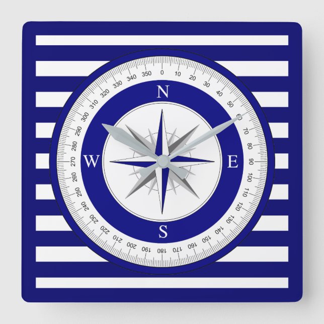 Compass Ro Nautical Blue and White Rand Fyrkantig Klocka (Framsida)