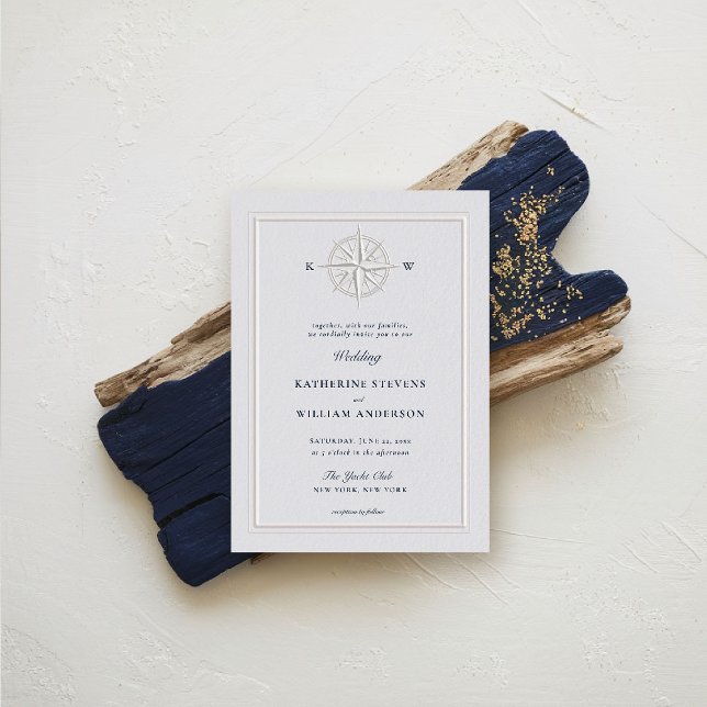 Compass Ro Nautical Boat Forme Coastal Bröllop Inbjudningar (nautical wedding invitation compass rose formal traditional modern classic beach ocean coastal ivory)