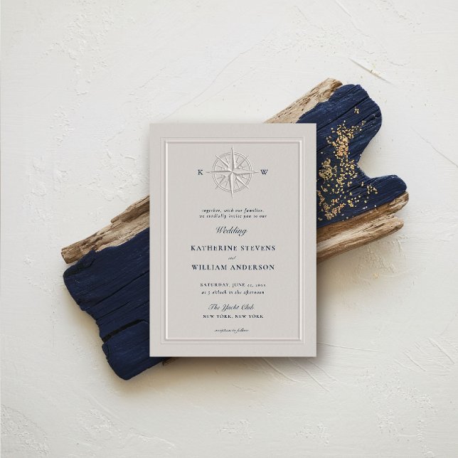 Compass Ro Nautical Boat Forme Elegant bröllop Inbjudningar (nautical wedding invitation compass rose formal traditional modern classic beach ocean coastal)