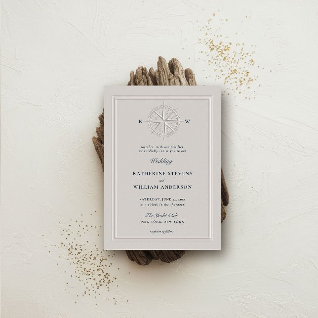 Compass Ro Nautical Coastal Foral Pearl Bröllop Inbjudningar (nautical wedding invitation compass rose modern classicformal traditional beach ocean coastal pearl)