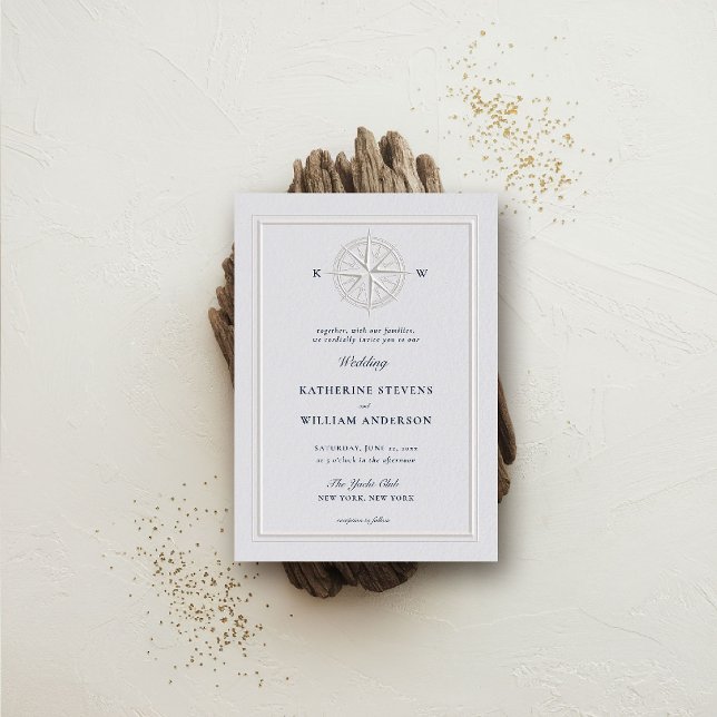 Compass Ro Nautical Coastal Foral Ram Bröllop Inbjudningar (nautical wedding invitation compass rose modern classicformal traditional beach ocean coastal ivory)