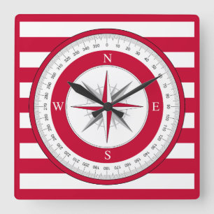 Compass Ro Red and White Rand Fyrkantig Klocka