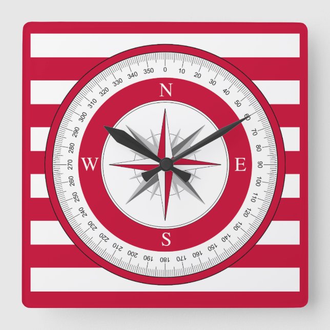 Compass Ro Red and White Rand Fyrkantig Klocka (Framsida)