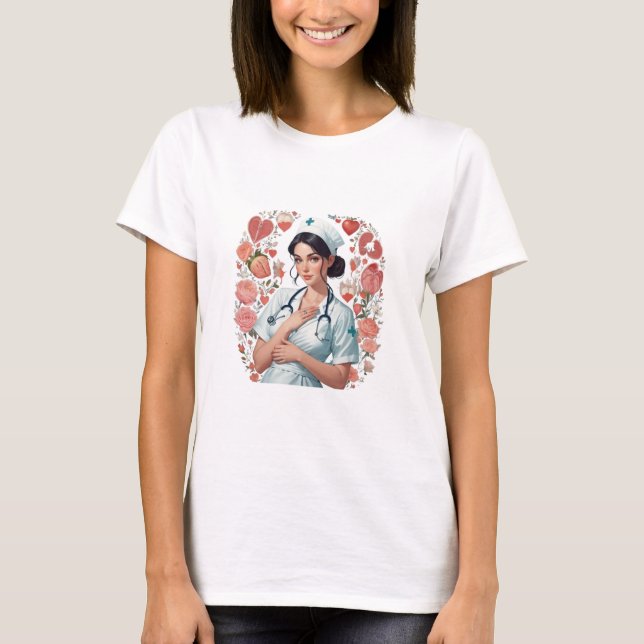 Compassionate Nurse – Elegant Floral Art Illustrat T Shirt (Framsida)