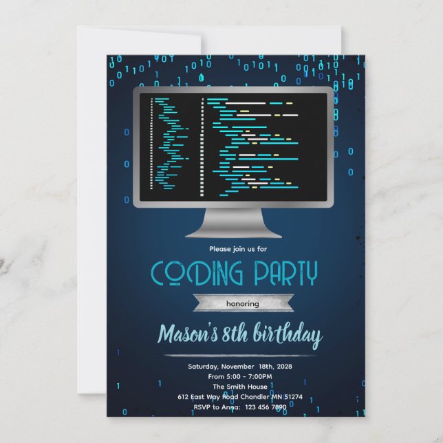 Computer coding birthday party invitation inbjudningar (Framsida)