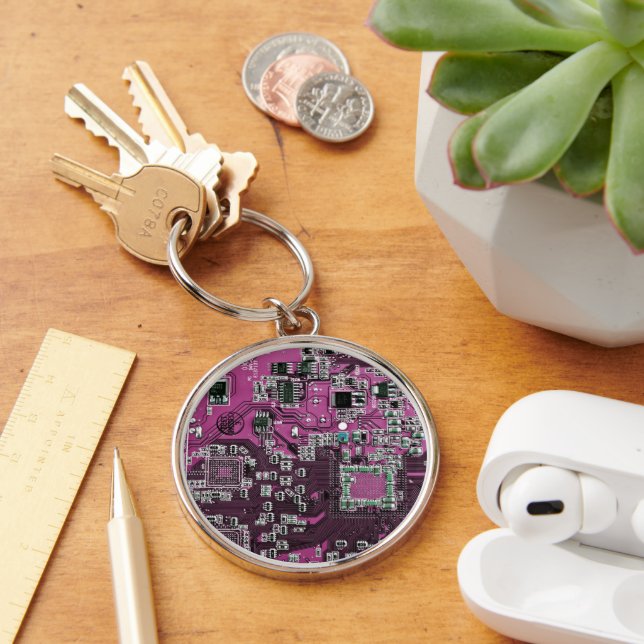 Computer Geek Circuit Board Lila Rund Silverfärgad Nyckelring (Skrivbord)