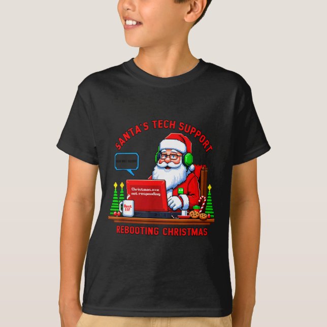 Computer Meme Funny Santa's Tech Suprt Rebooting C T Shirt (Framsida)