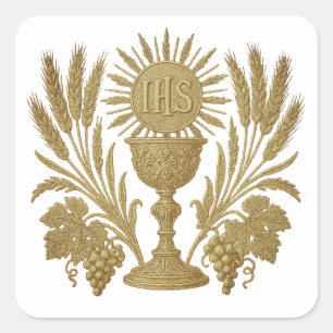 Comunion IHS Chalice Wheat Grapes Eucharistic Fyrkantigt Klistermärke