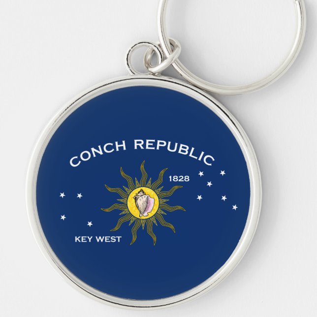 Conch Republic Flagga Nyckel Väster Florida Rund Silverfärgad Nyckelring (Framsidan)
