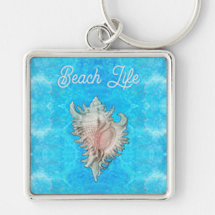 Conch Snäcka "Beach Life" Fyrkantig Silverfärgad Nyckelring