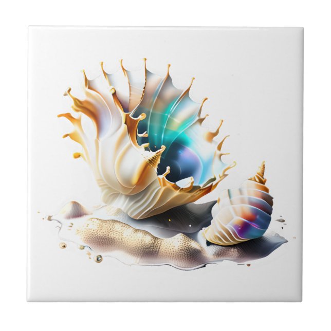 Conch snäcka iridescent 3D enkelt stort strandhav Kakelplatta (Framsidan)