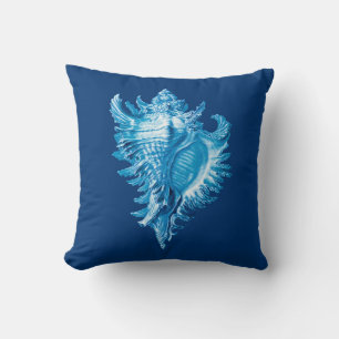 Conch Snäcka Sea Life Print, Indigo Blue and White Kudde