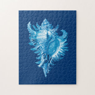 Conch Snäcka Sea Life Print, Indigo Blue och White Pussel