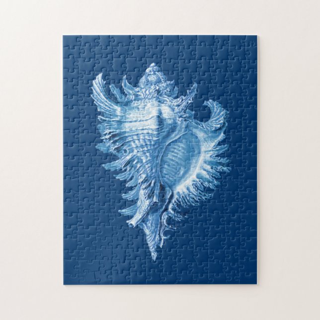 Conch Snäcka Sea Life Print, Indigo Blue och White Pussel (Vertikal)