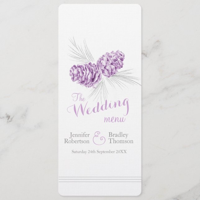 Cones lila grått vinterbröllopsmeny meny (Framsida)