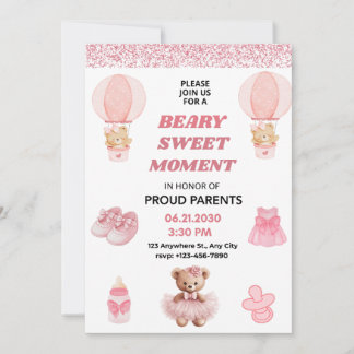 CONFETTI, BEARY SWEET MOMENT GIRL 5X7 BABY SHOWER INBJUDNINGAR
