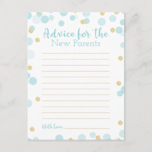 Confetti Blue och Guld Baby Shower Ord of Advice Vykort