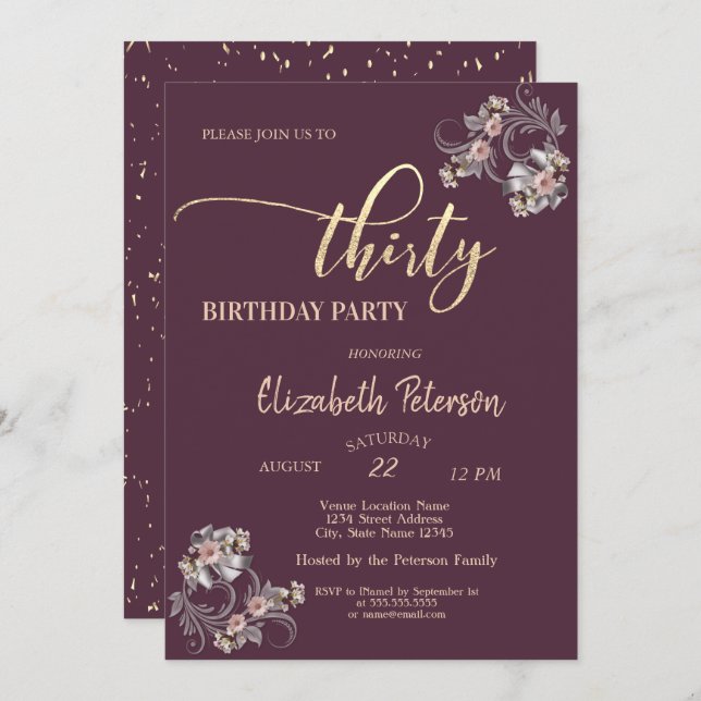 Confetti Burgundy Blommigt 30års födelsedag Party Inbjudningar (Fram/baksida)