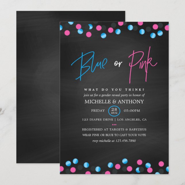 Confetti Chalkboard Blue eller Rosa Gender Reveal Inbjudningar (Fram/baksida)