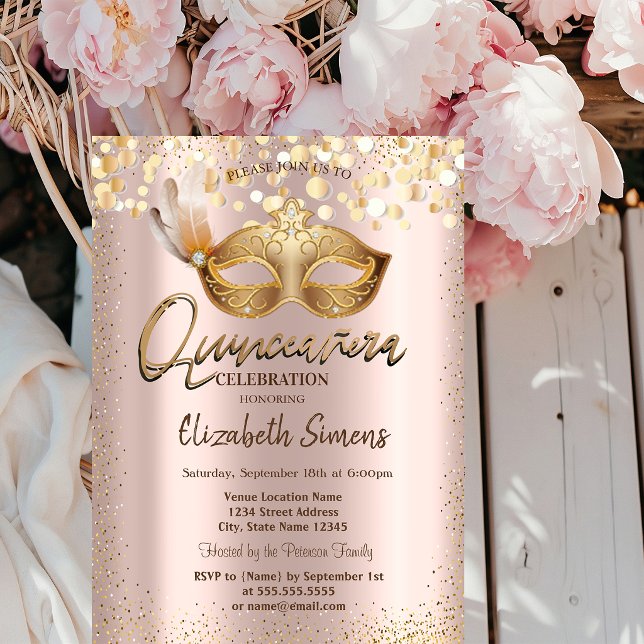  Confetti Chic Mask Roséguld Quinceañera  Inbjudningar (Skapare uppladdad)
