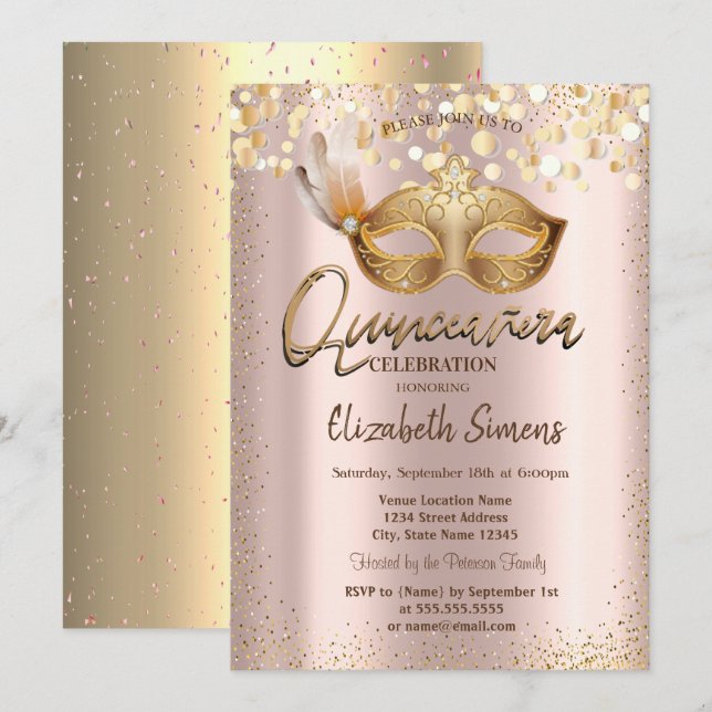 Confetti Chic Masque Ro Guld Quinceañera Inbjudningar (Fram/baksida)