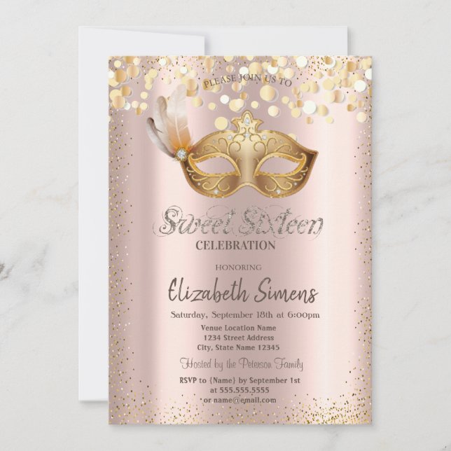 Confetti Chic Masque Ro Guld Sweet 16 Inbjudningar (Framsida)