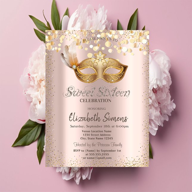 Confetti Chic Masque Rose Gold Sweet 16 Inbjudningar (Skapare uppladdad)