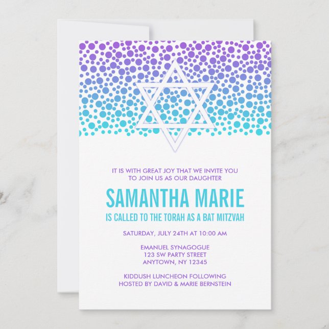 Confetti Dots Lila Teal Bat mitzvah Inbjudningar (Framsida)
