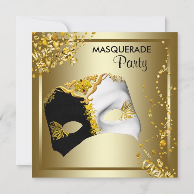 Confetti Mask Black Guld Masquerad Party Inbjudningar (Framsida)