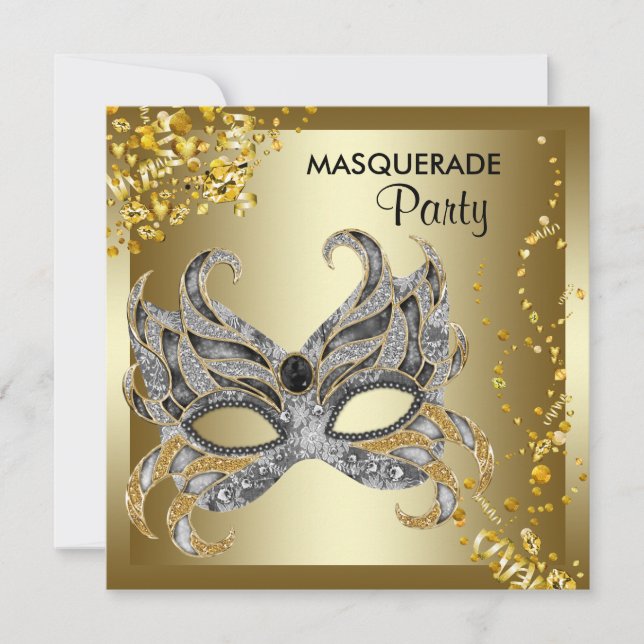 Confetti Mask Silver Guld Masquerad Party Inbjudningar (Framsida)