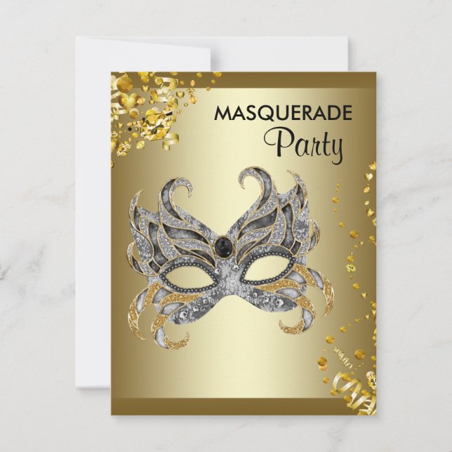 Confetti Mask Silver och Guld Masquerad Party Inbjudningar (Framsida)
