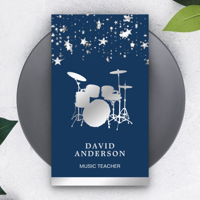 Confetti Music Teacher Silver Drum Kit Drummer Visitkort (Skapare uppladdad)