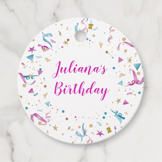 Confetti Party Rosa och Blue Gnistra Birthday Gåvor Etiketter (Framsida)